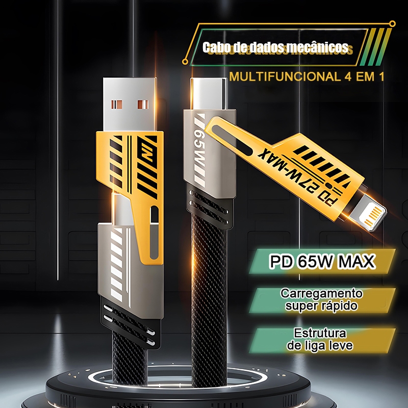 Cabo 4 em 1 Carregamento Rápido PD 65W USB Tipo C Lightning Duplo Nylon Trançado para Android e iOS
