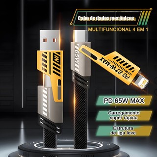 Cabo 4 em 1 Carregamento Rápido PD 65W USB Tipo C Lightning Duplo Nylon Trançado para And…