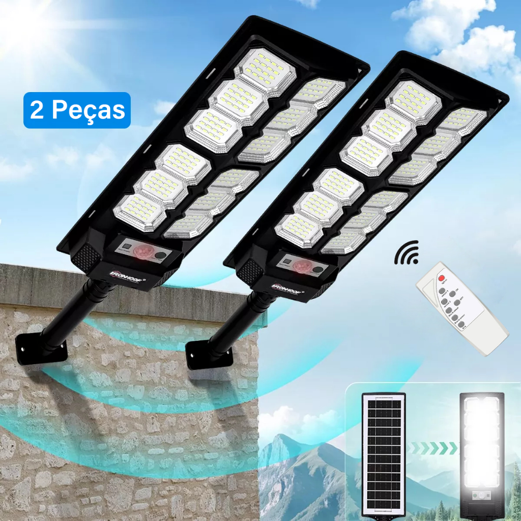 Kit 2 Luminária Solar Com Sensor luz Solar LED De Presenca Luminaria Externa 700w 12000 lúmens