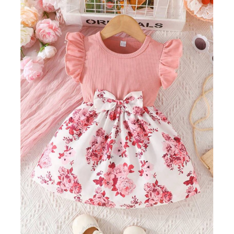 Vestido de verão sem mangas com babados para bebê menina com listras, laços, estampas de borboletas e flores