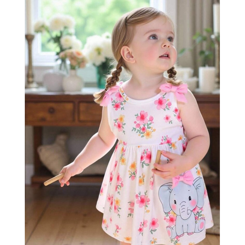 Vestido sem Manga Fofo de Elefante e Floral para Bebê Menina com Decoração de Laço