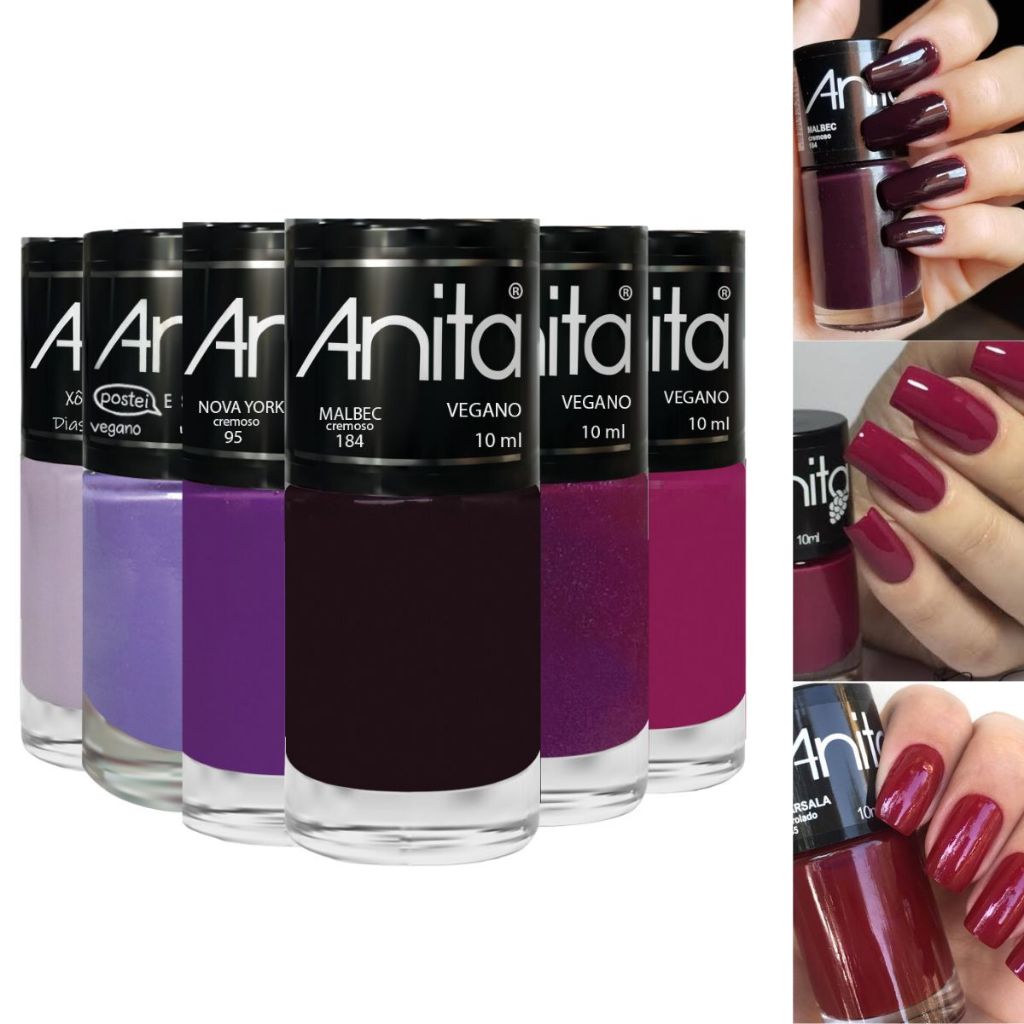 ANITA: Kit com 6 Esmaltes em Tons Uvas Malbec, Cabernet, Marsala - Nova York