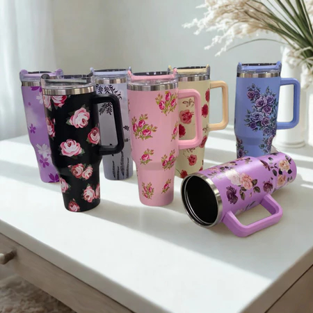 Copo Térmico Floral 1200ml em Inox com Alça, Tampa e Canudo – Estilo e Funcionalidade