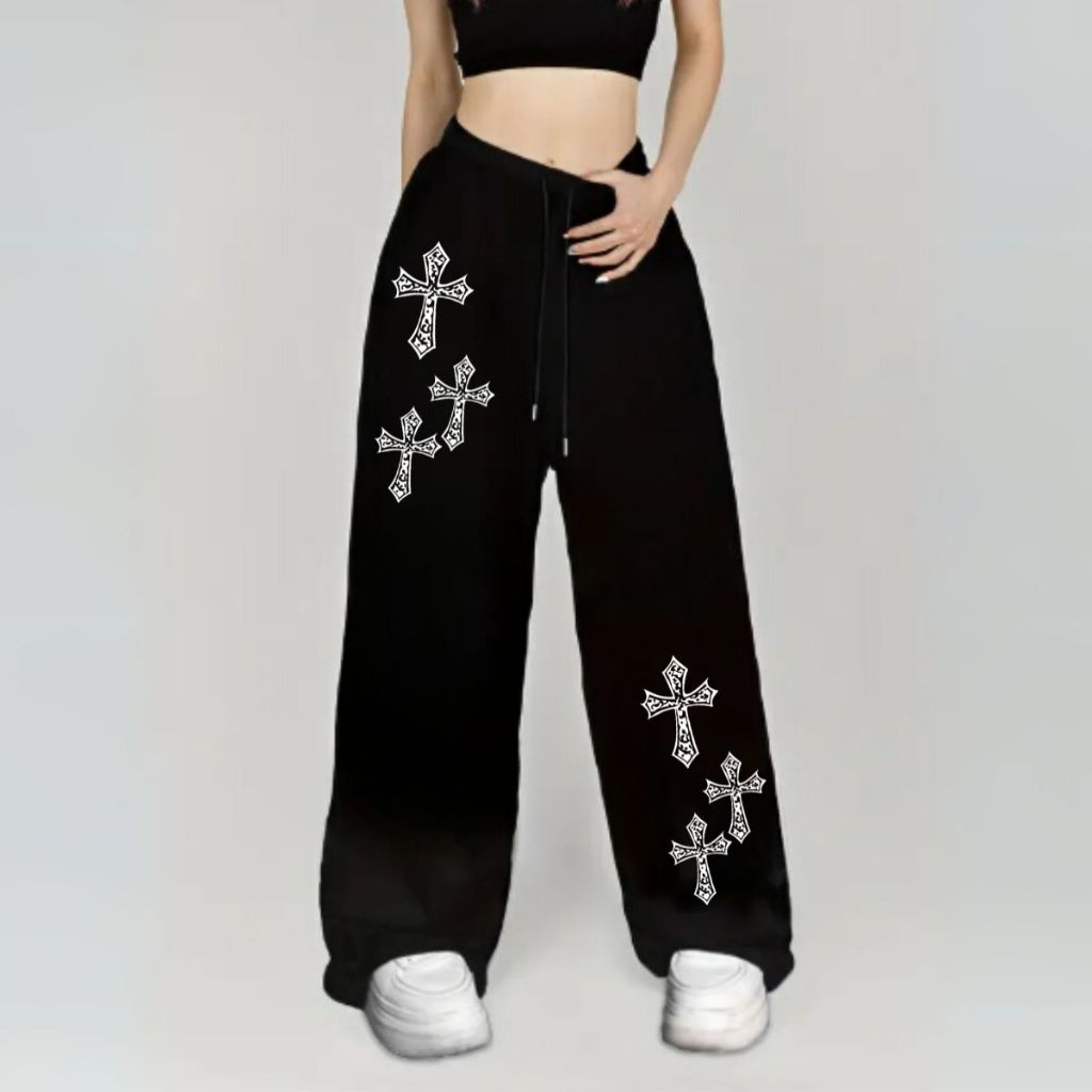 Calça Wide Leg Moletom Cruz Gótica Estilo Alternativo Unissex Tendência em Oferta na Shopee