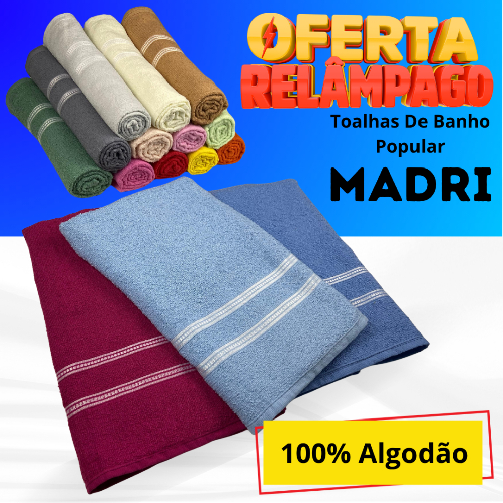 KIT 3 Toalha de Banho Algodão Madri 60x125cm | Econômica, Macia, Absorvente, Cores Sortidas, Leve em Oferta na Shopee
