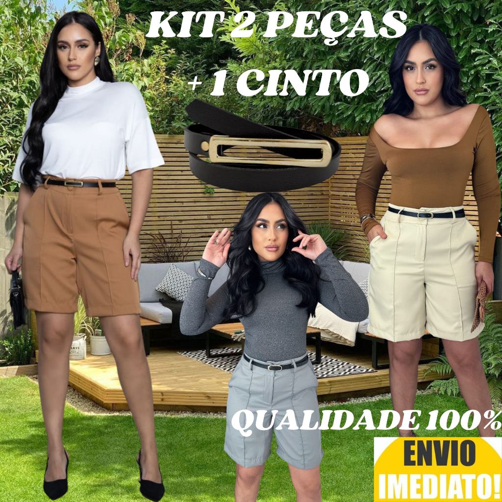 Kit 2 Short Bermuda Feminino FORMA GRANDE AS PEÇAS ACOMPANHA CINTO em Oferta na Shopee
