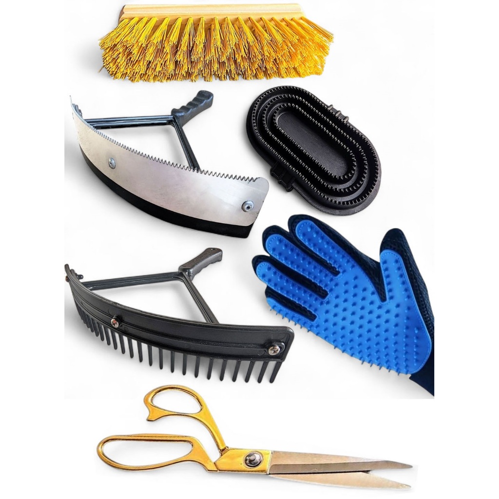 Kit Limpeza de  Cavalo: Rodo + Luva Tira Pelo + Raspadeira + Escovão + Pente + Tesoura para crina