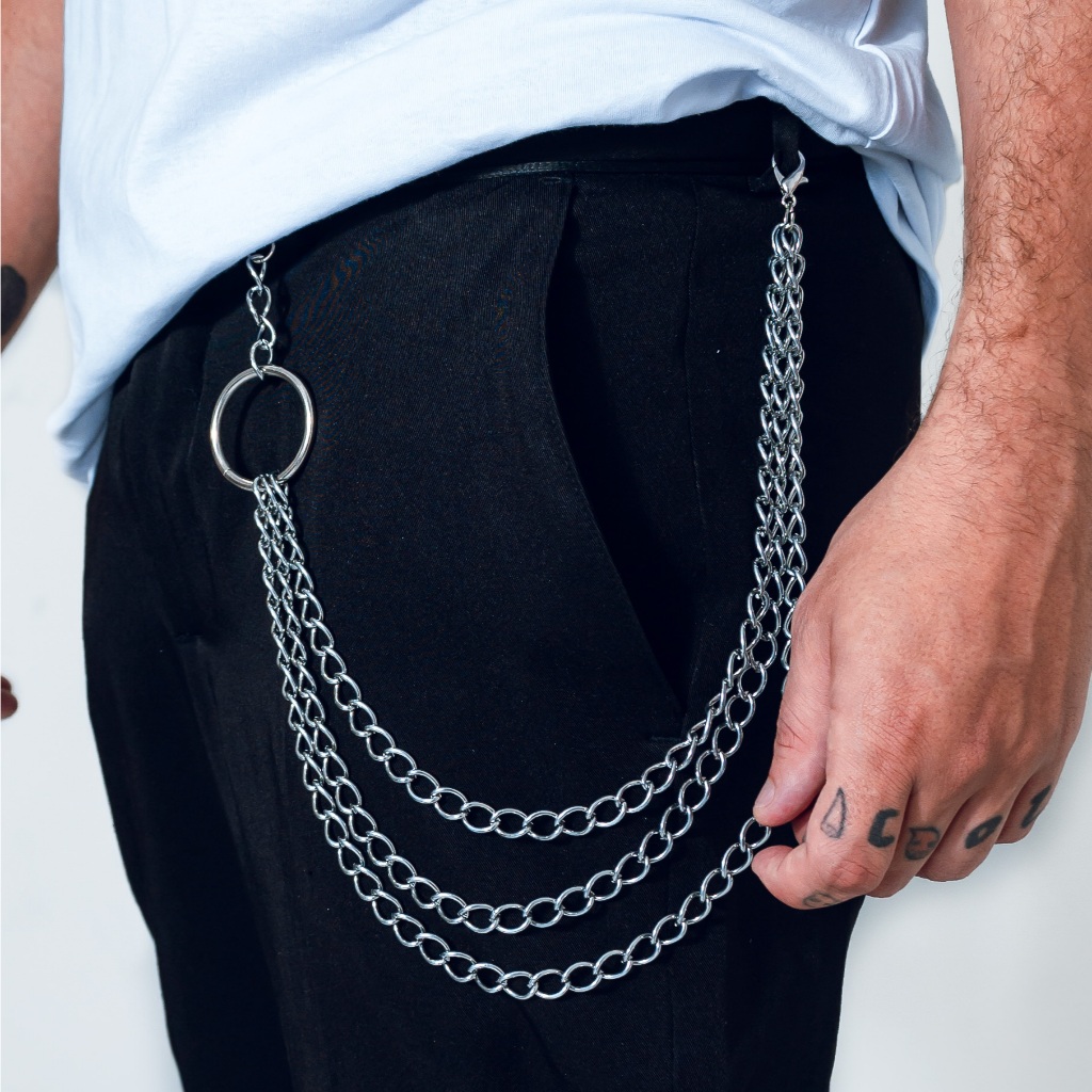 Acessório Corrente Prateado Tripla Unissex P/Saia Calça Alternativa Blogueira