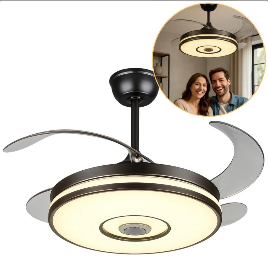 Ventilador de Teto Plafon Preto Retrátil Moderno Luxuoso LED Multicolor com Caixa de Som LED