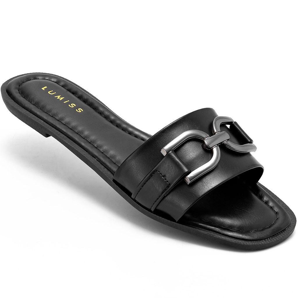 Sandália Feminina Rasteira Lumiss Casual Confortável Enfeite Metal Preto em Oferta na Shopee