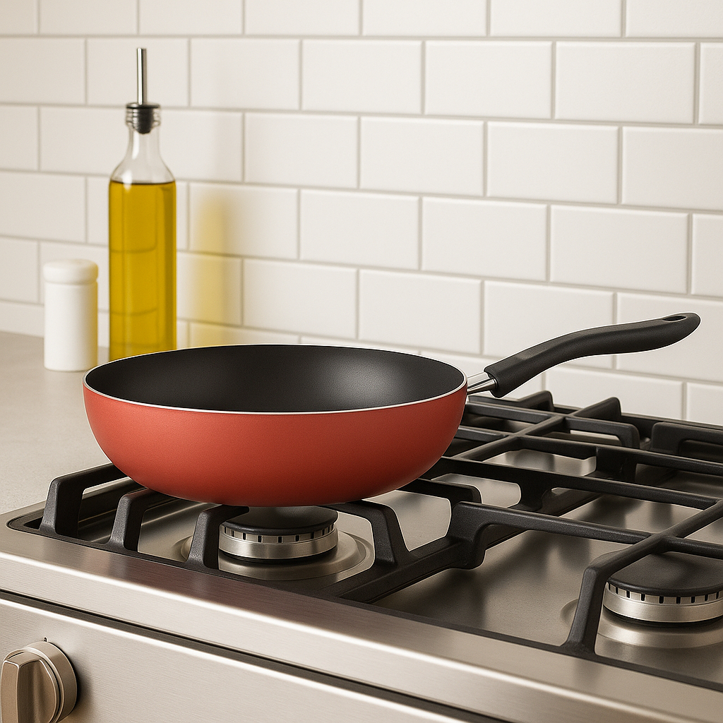 Imagem frigideira grande Wok Brinox Antiaderente panela funda nao gruda facil de limpar vermelha cereja profissional na cozinha