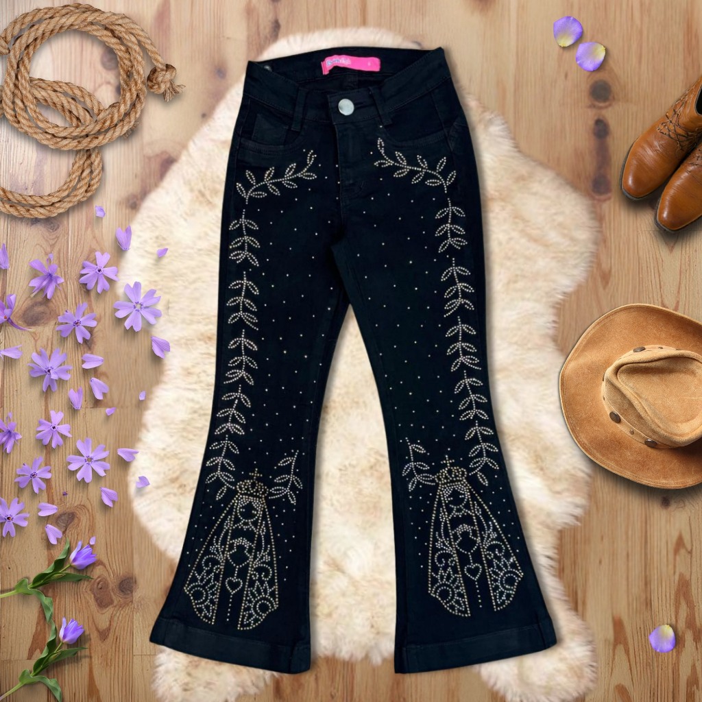 Calça Flare Country Juvenil Feminina Nossa Senhora Jeans com Strass Preto Boiadeira
