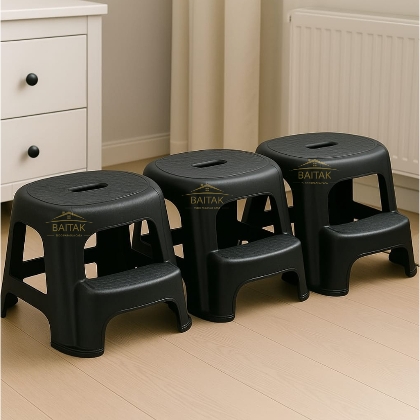 kit 3 Banquinhos com Degrau de Plástico Multiuso Preto - Poly Plast