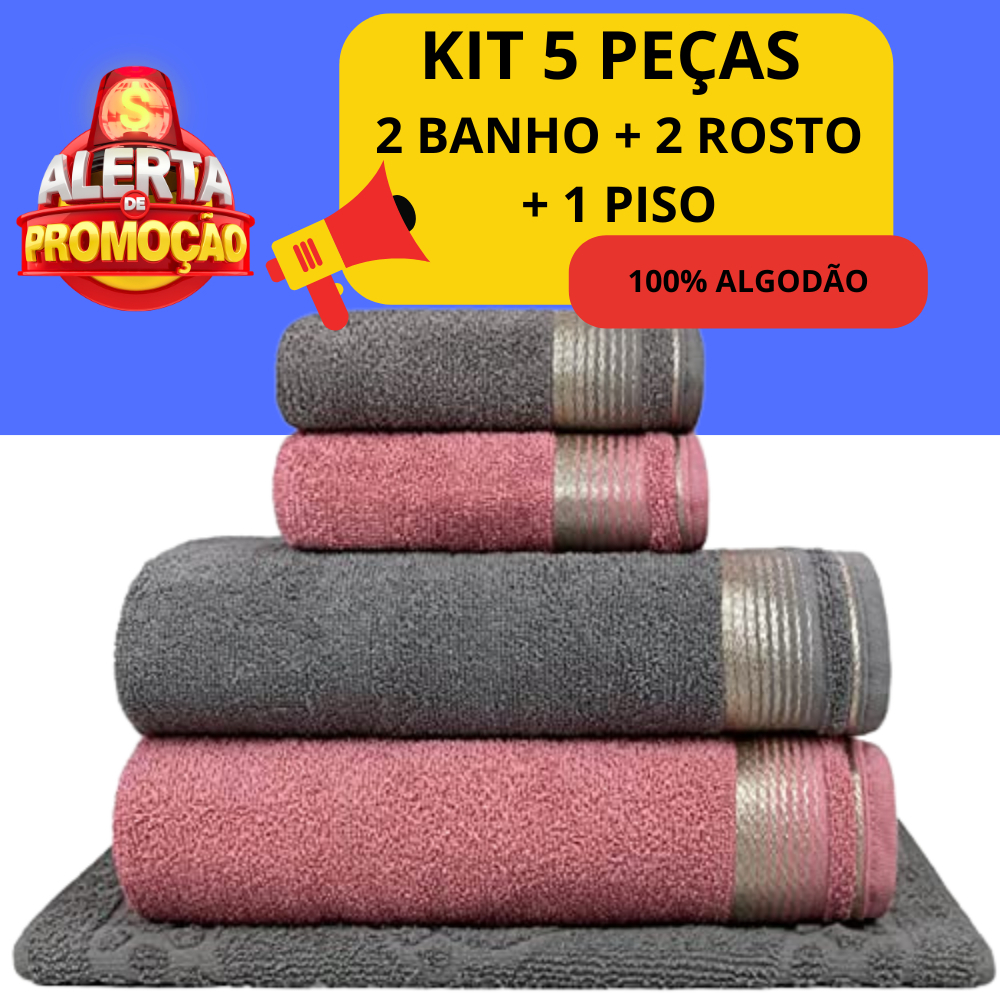 Kit 5 Toalhas Luxo 100% Algodão | Banho, Banhão Gigante, Rosto e Piso | Super Macias e Abs...