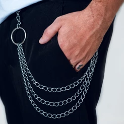 Corrente Tripla com Argola Masculino P/Calça Punk Rock Acessório Prateado Masculino Alternativo