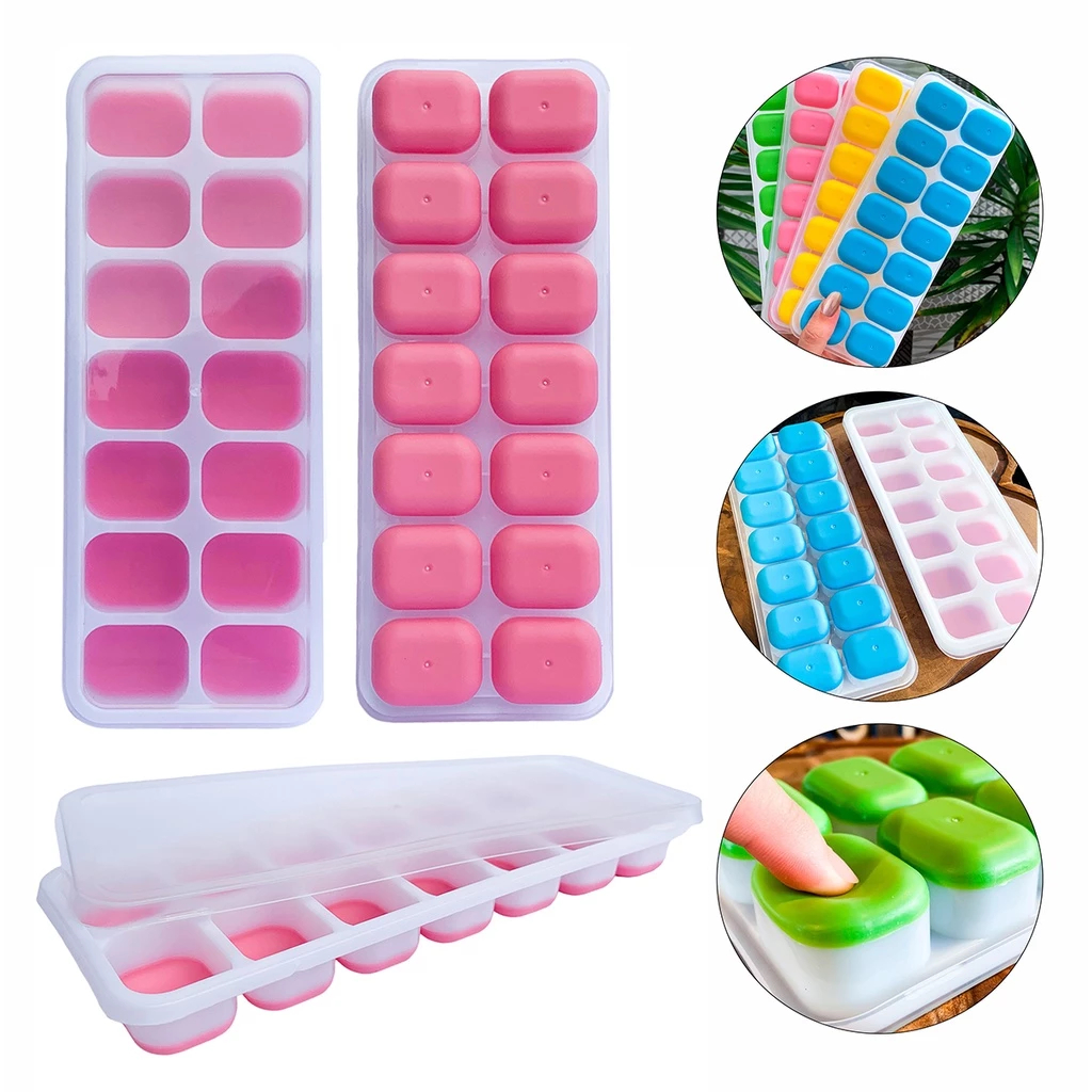 Kit 4 Formas de Gelo de Silicone com Tampa 14 Cubos Cada, Cozinha, Lavável, Flexível e Reu...