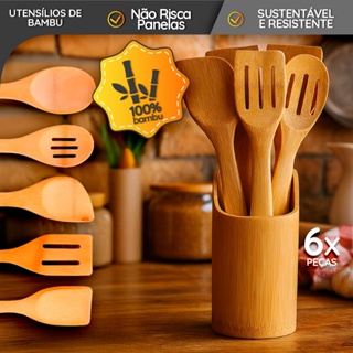 Kit 6 Utensílios de Bambu com Suporte – Cozinha Natural e Sustentável em Oferta na Shopee