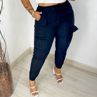 Calça Feminina Plus Size Bengaline Cargo com Bolso Lateral Moda Plus Size G1-G2-G3-G4-G5 em Oferta na Shopee