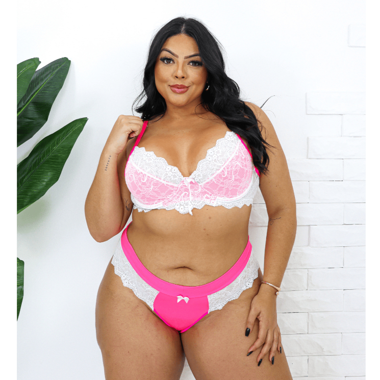 Conjunto de Lingerie Plus Size Microfibra e Renda Sexy Cores Neon Tamanho 48 ao 54 c/ Aro Microfibra em Oferta na Shopee