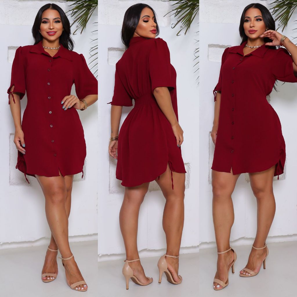 Vestido Chemise Camisa Feminino  Com Ajuste Lateral e Elástico nas Costas em Oferta na Shopee