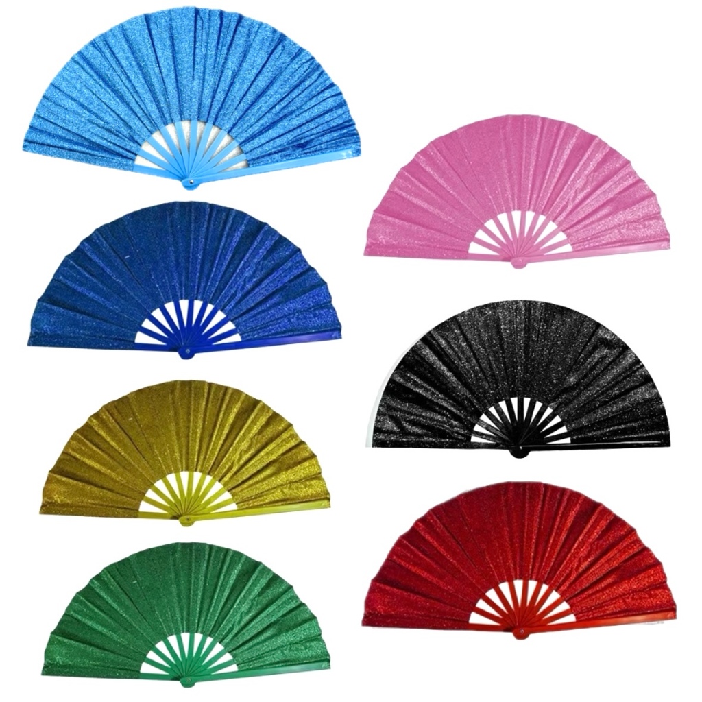 Leque Grande com Glitter Colorido Luxo Oriental para Festa, Dança, Carnaval e Decoração (34x60cm)