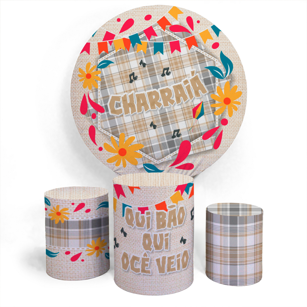 Kit Capa Painel Redondo Arraia E Trio Cilíndro Temático Festa Junina Charraia