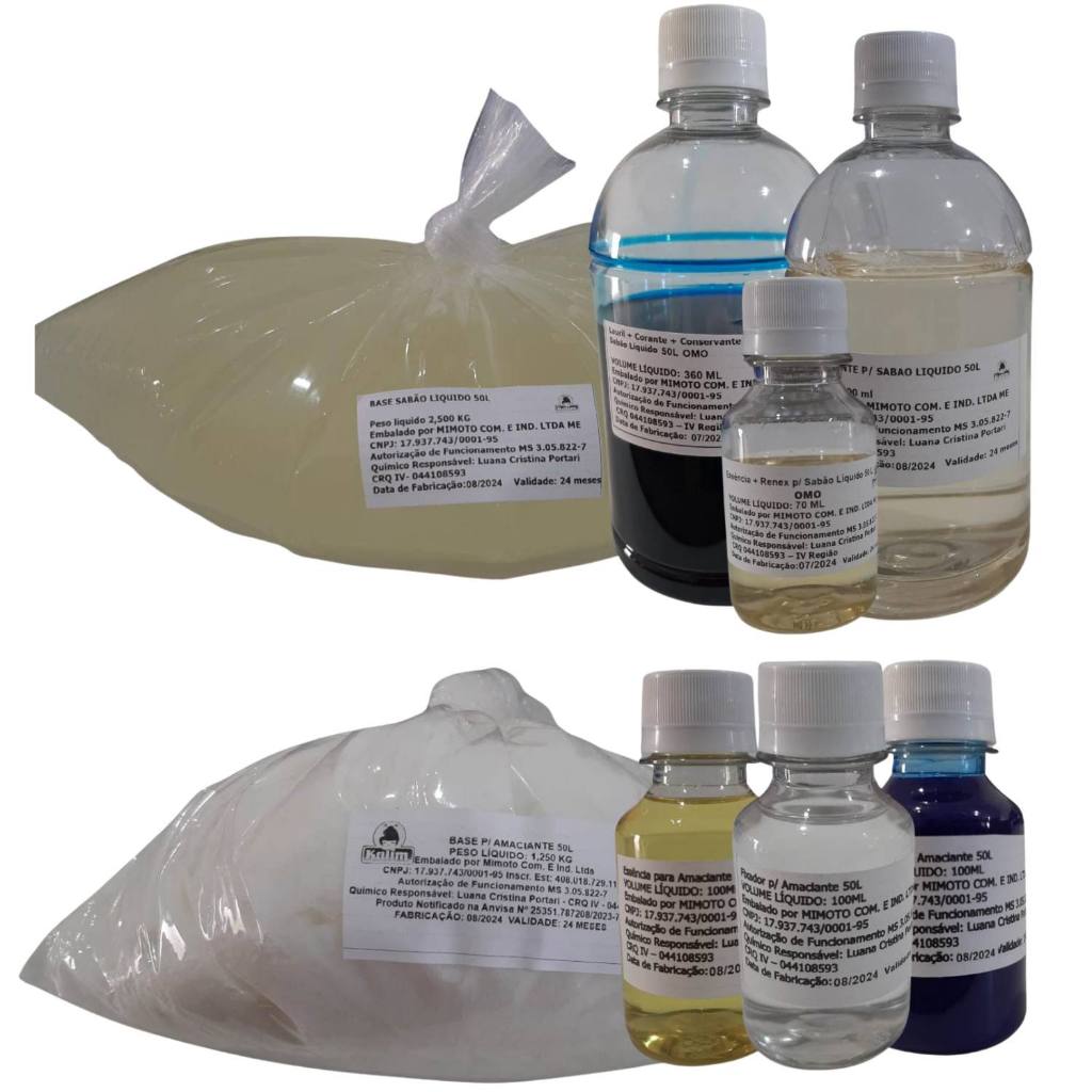 Kit Completo Base Sabão Líquido Mais Amaciante Faça Você Mesmo Rende 50L Cada Com Modo de Preparo Passo a Passo
