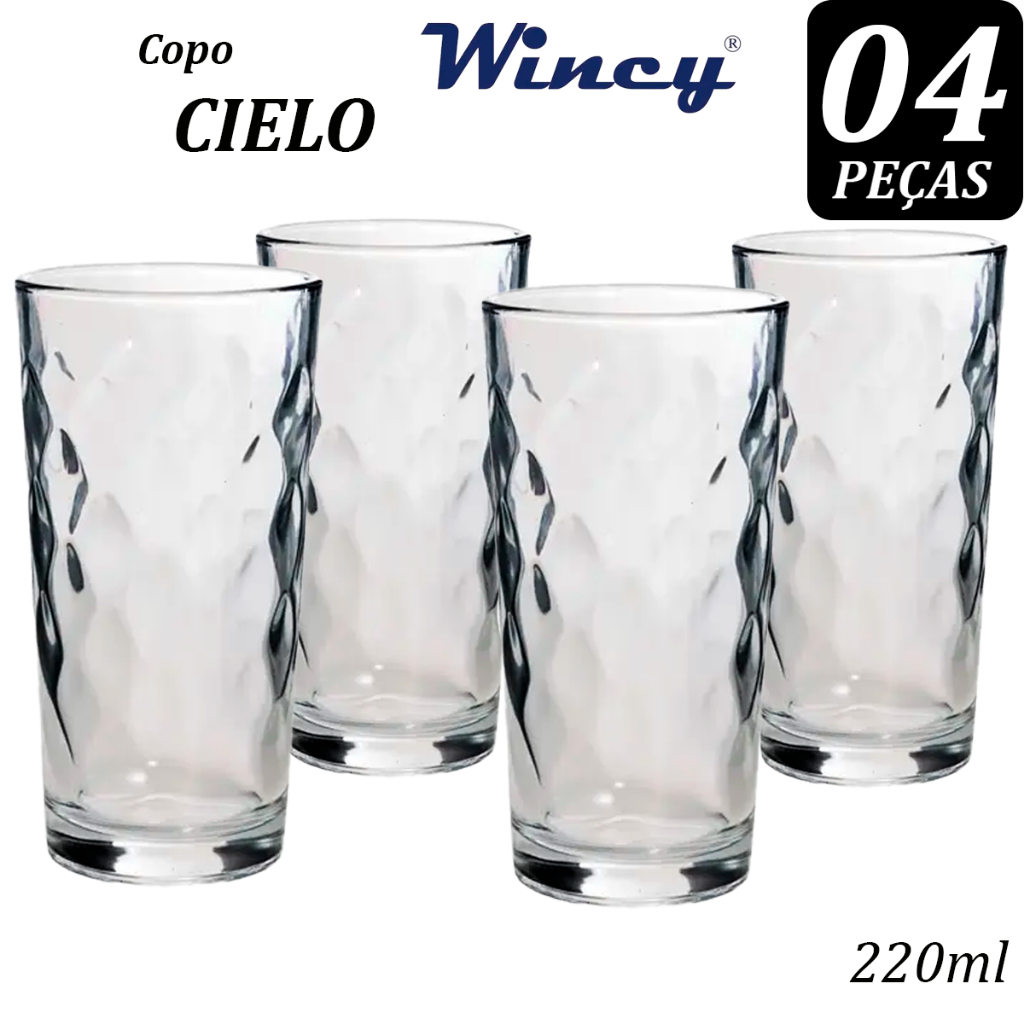 Kit,Jogo 04 Copos Cielo 220ml Vidro Transparente Trabalhado Restaurante Casa Janta e Almoço em Oferta na Shopee