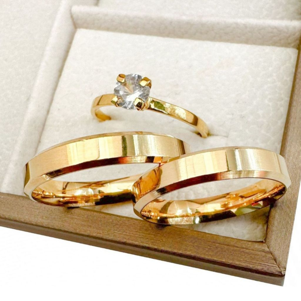 Par De Aliança De Casamento Chanfrada 4mm + Anel Solitário Noivado Aço Inoxidável 316L Banhado Brilho Cor Ouro 18k em Oferta na Shopee