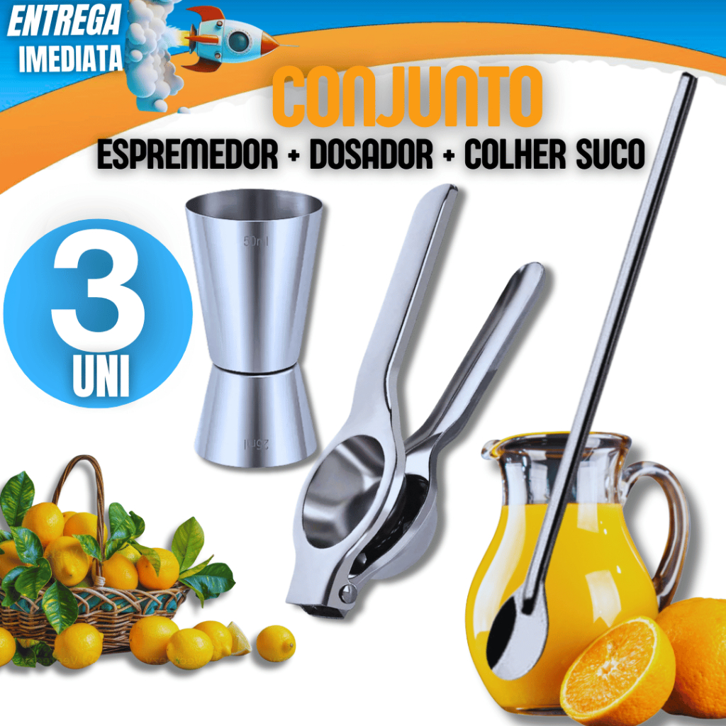 KIT 03 Peças Inox  - Dosador Duplo Linha Premium + Espremedor de Limão Inox Colher para Suco 30cm Variáveis Utilidades
