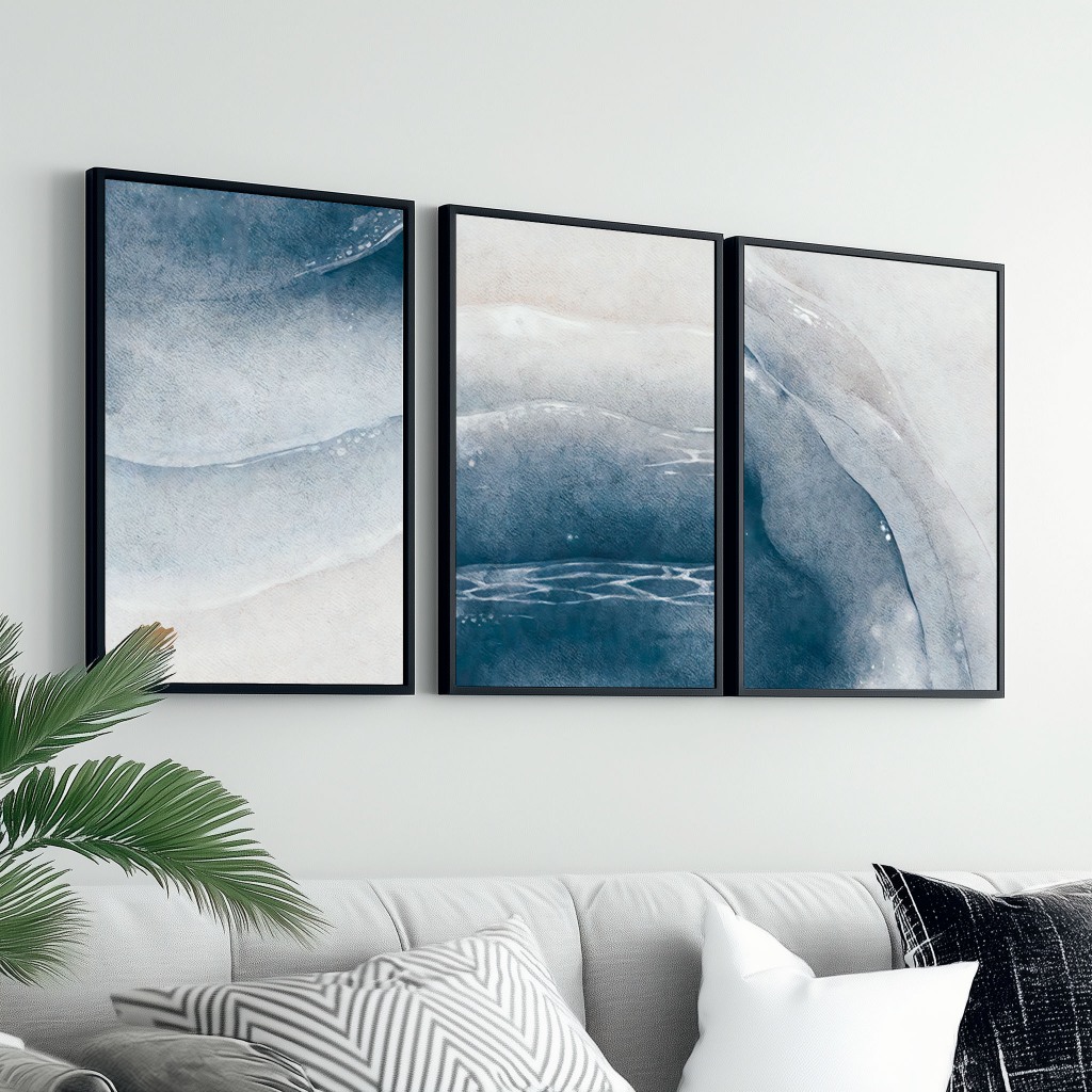 Kit 3 Quadros Decorativos 40x60 cm Moldura e Vidro Para Sala Quarto Escritório Hall Oceano Azul