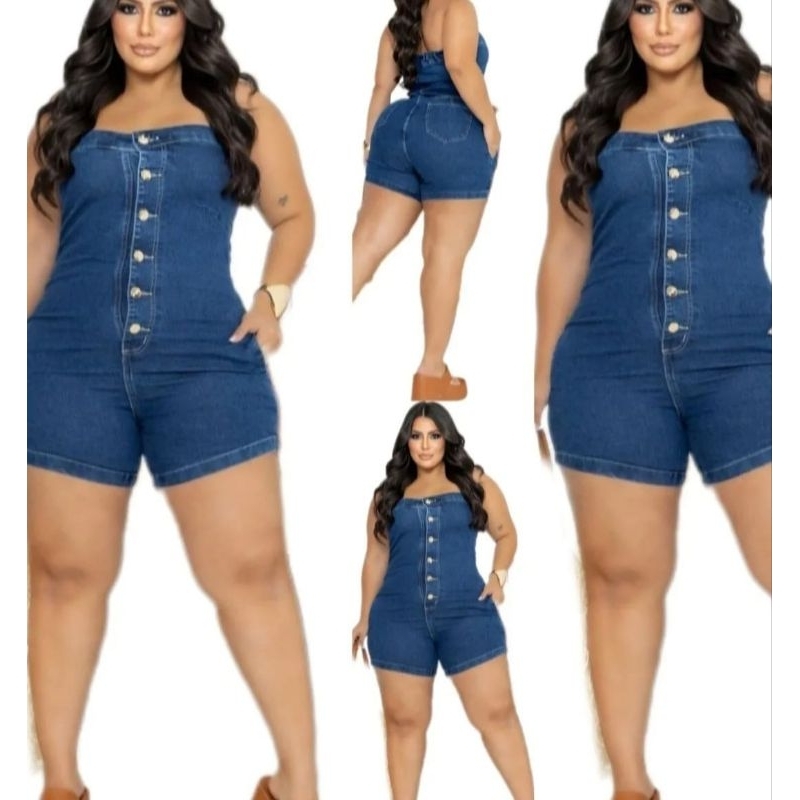 Macacão Curto Plus Size Macaquinhos Femininos Jardineira Jeans Macacão Tomara que Caia 48/50/52/54/56