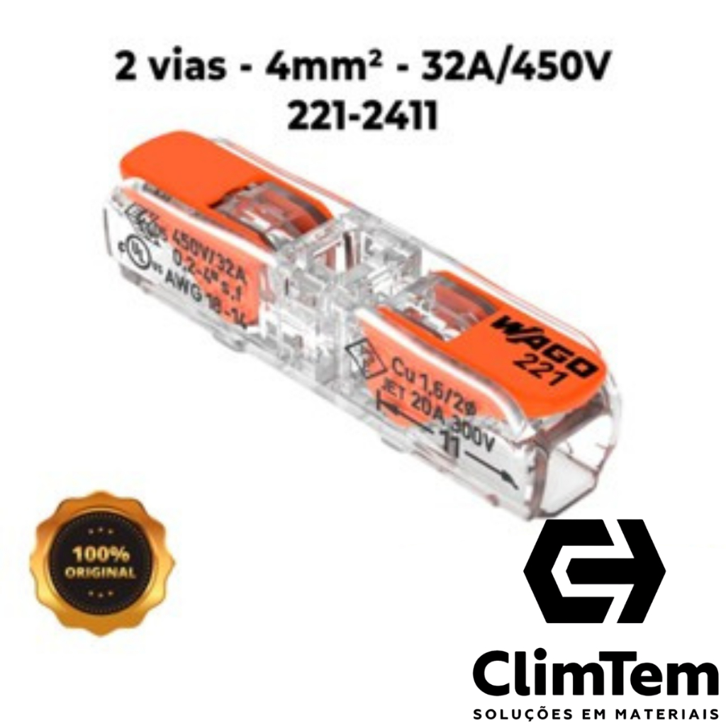 Kit 3, 5, 6, 10, 12, 15 Peças Conector Wago Original 221-2411 2 polos 4mm² Conexão Automática