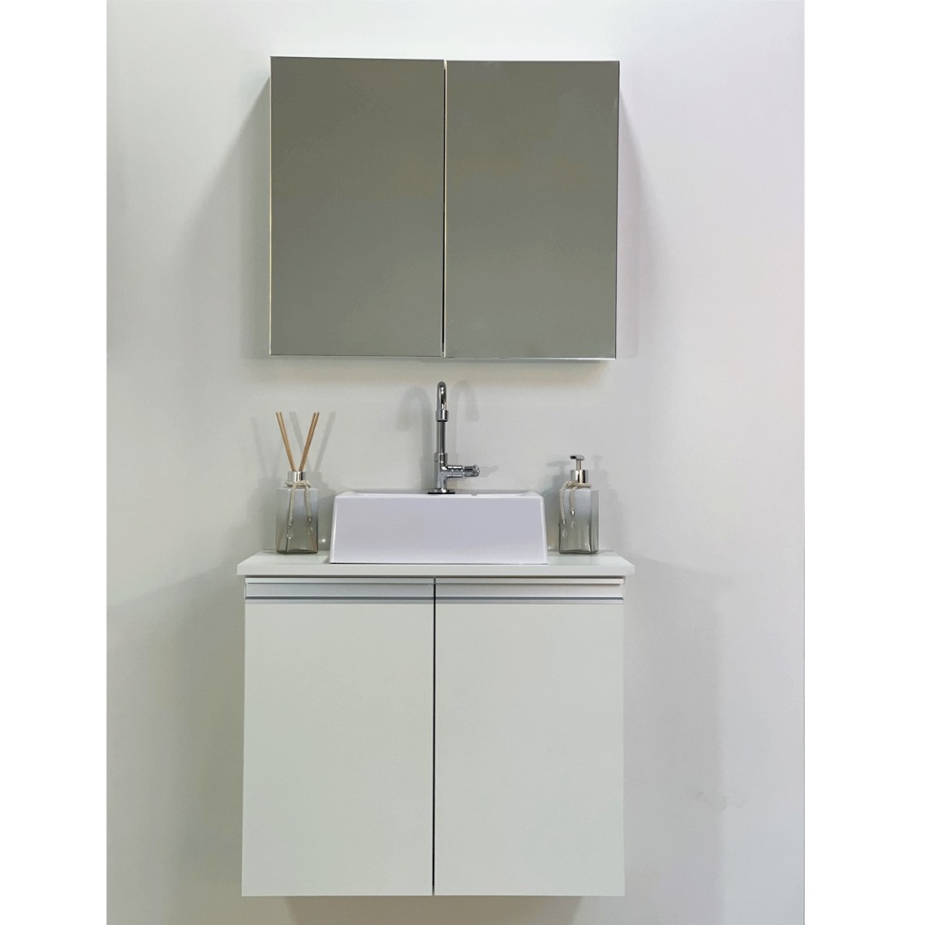 Kit Conjunto Banheiro 100% MDF 60cm - Balcão com Cuba - Aéreo Com Espelho - MONTADO