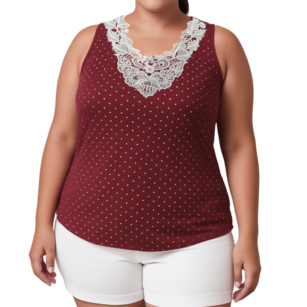Regata Feminina Bolinha Poá Plus Size Tamanho 40 ao 64 (M ao G10) Com Guipir/Renda Viscolycra
