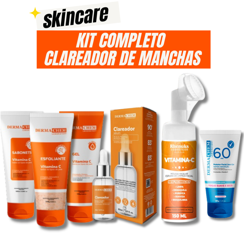 Kit Skincare Vitamina C  Dermachem+Serum Clareador+Protetor Solar Sem Cor FPS60+Mousse Micelar Vit. C Rhenuks em Oferta na Shopee