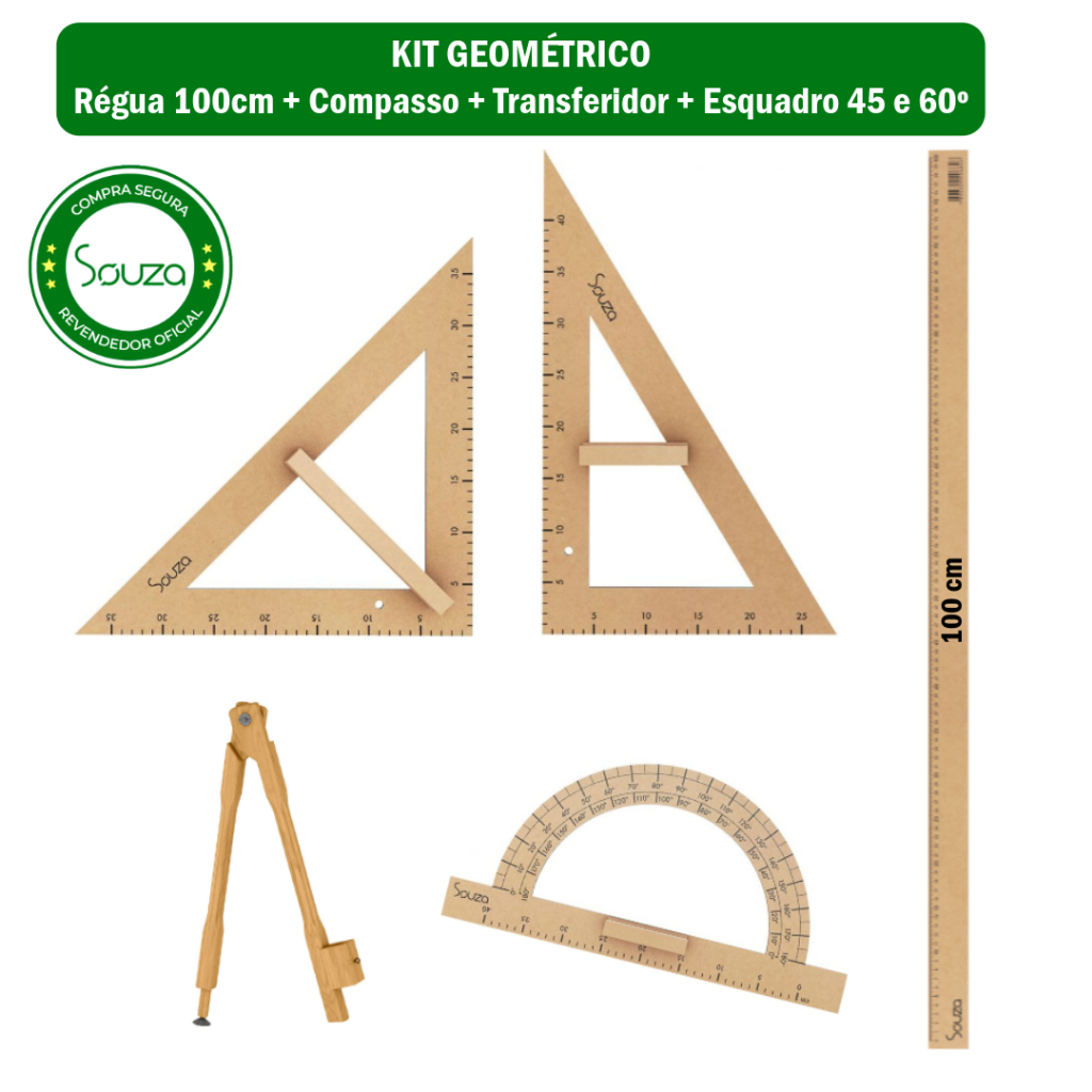 Kit Geométrico Professor MDF 5 Pçs - Régua 100cm + Compasso + Transferidor + Esquadro 45º e 60º em Oferta na Shopee