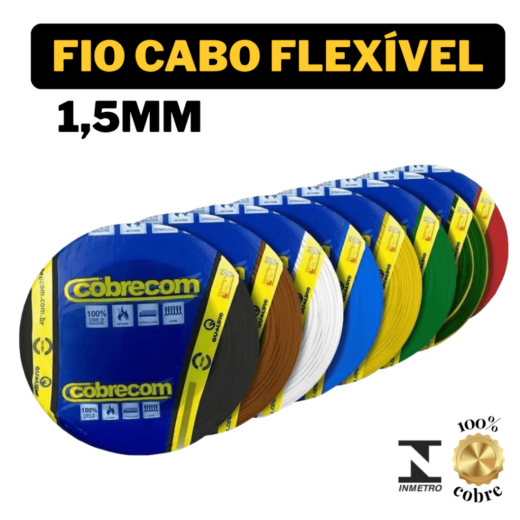 Fio Cabo Flexivel 1,5mm Rolo 100 Metros Cobrecom Original Certificado Antichamas Cores - Home & Living