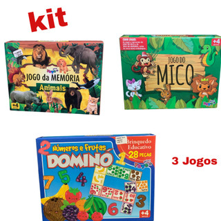 Kit com 3 Jogos 1 Dominó Numero E Frutas + 1Jogo Da Memória Animais +1 Jogo do Mico