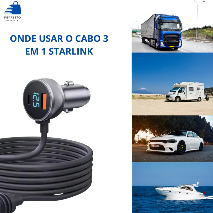 Cabo 12/24v 3 Em 1 Starlink Mini 2m Plug Automotivo Internet