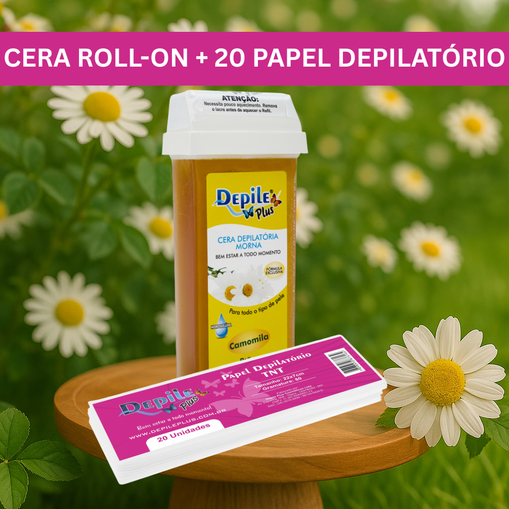 Kit Cera Depilação 140g Hidrossolúvel Roll On + Papel Depilatório TNT 20 unidades - Depile Plus