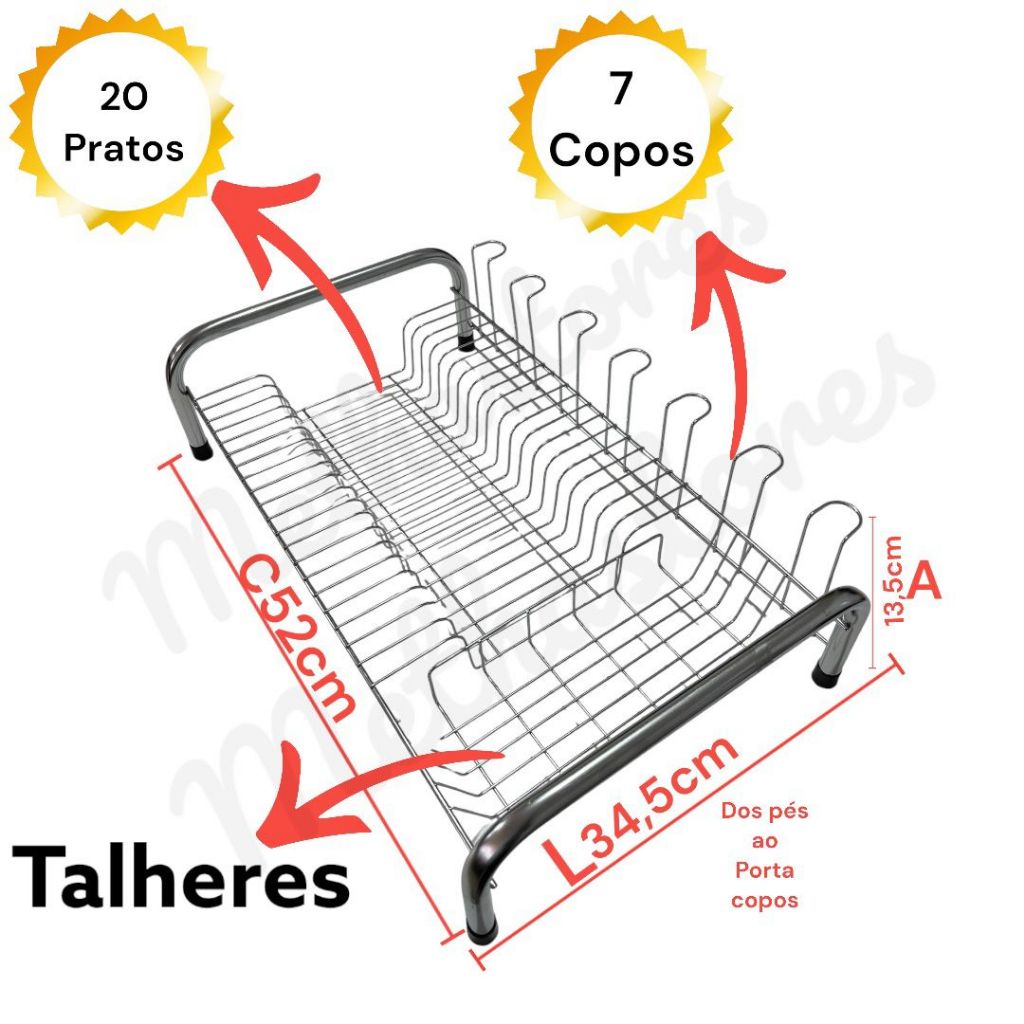 Escorredor Louça 20 Pratos 7 Copos Porta Talheres Aço Cromado Preto e Branco reforçado