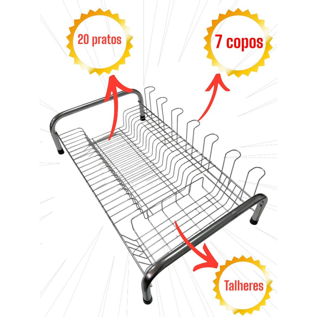 Escorredor De Louça 20 Pratos 7 Copos e Porta Talheres Aço Cromadocama luxo