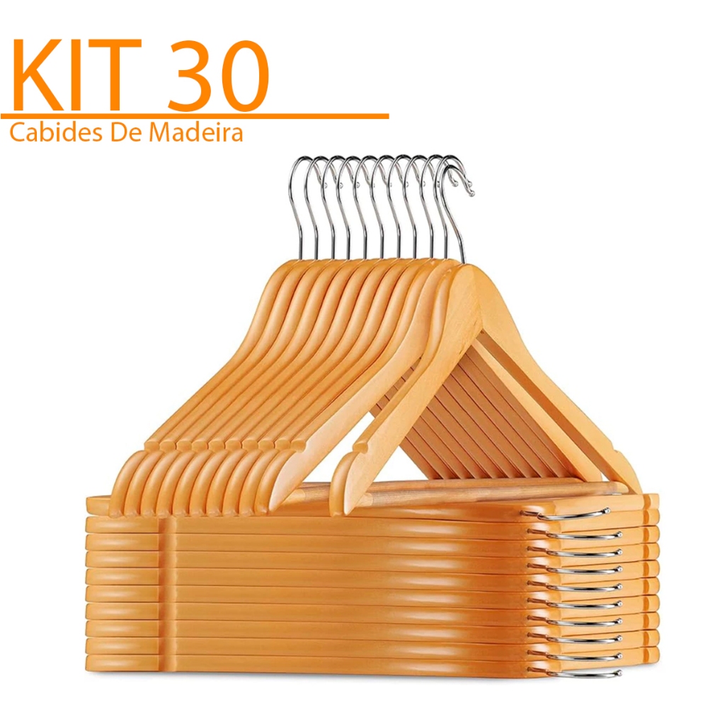 Kit 30 Cabide Madeira Marfim Barato Premium Organização Roupas Calças Loja Atacado em Oferta na Shopee