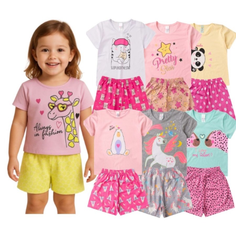 Kit Sortido 2 Pijamas Verão Infantil Menina Tam 1 ao 14 Confortáveis e Divertidos