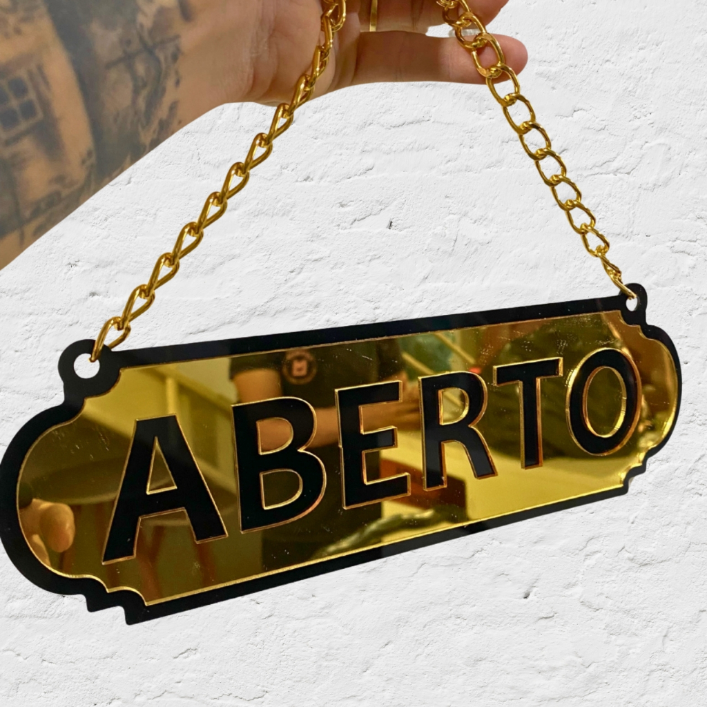 Placa Dupla Face Aberto Fechado Acrílico Espelhado com Corrente e Ventosa