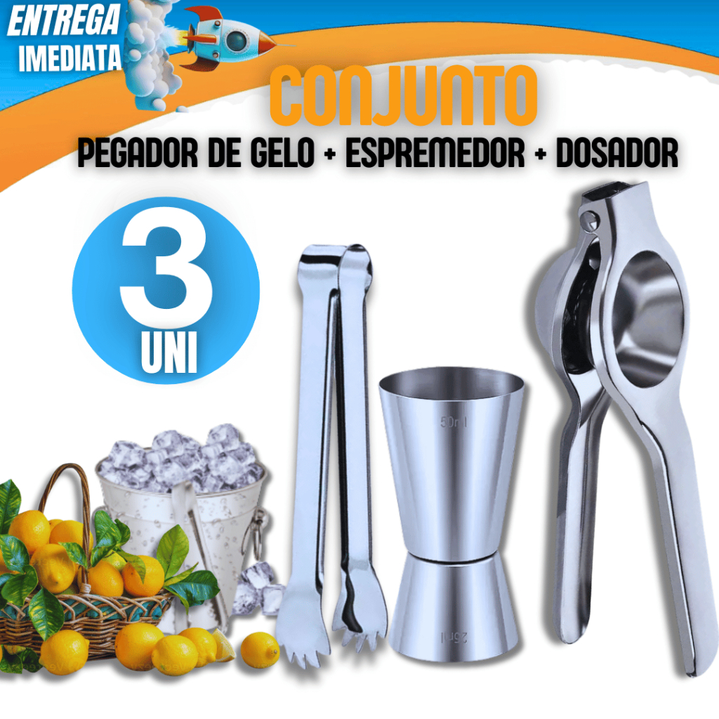 Combo Especial  - Pegador de Gelo Variáveis Utilidade Dosador Duplo Espremedor de Limão Linha Premium Multiuso Inox