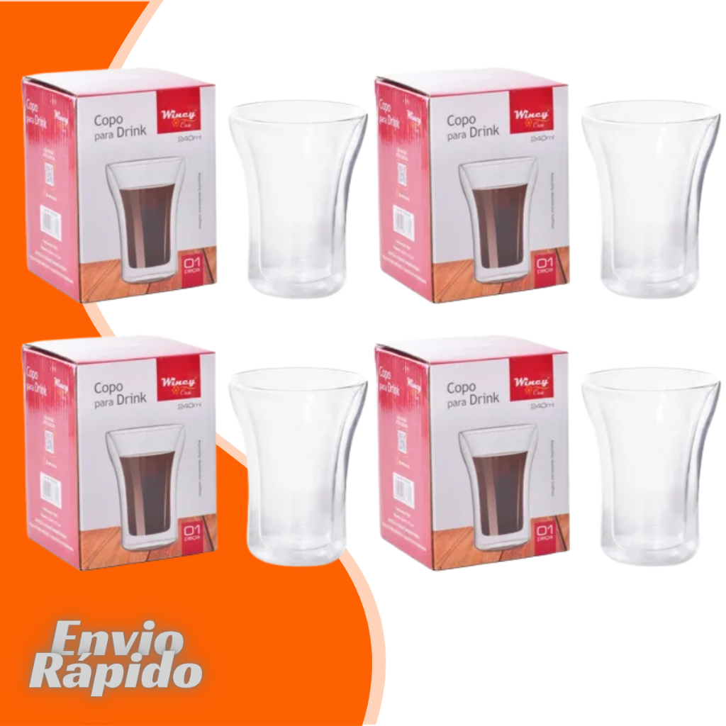 Kit Jogo Copo de Vidro Duplo 240 ML Para Bebida Quente Chá Capuccino Chocolate Leite Nespresso Nescafe Dolce Gusto Pilao
