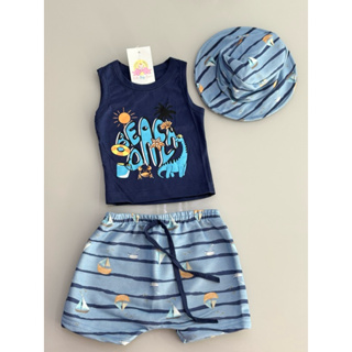 Kit Blusa regata/ Bermuda/ Chapéu para bebê/ infantil menino PMG 1/2/3 em Oferta na Shopee