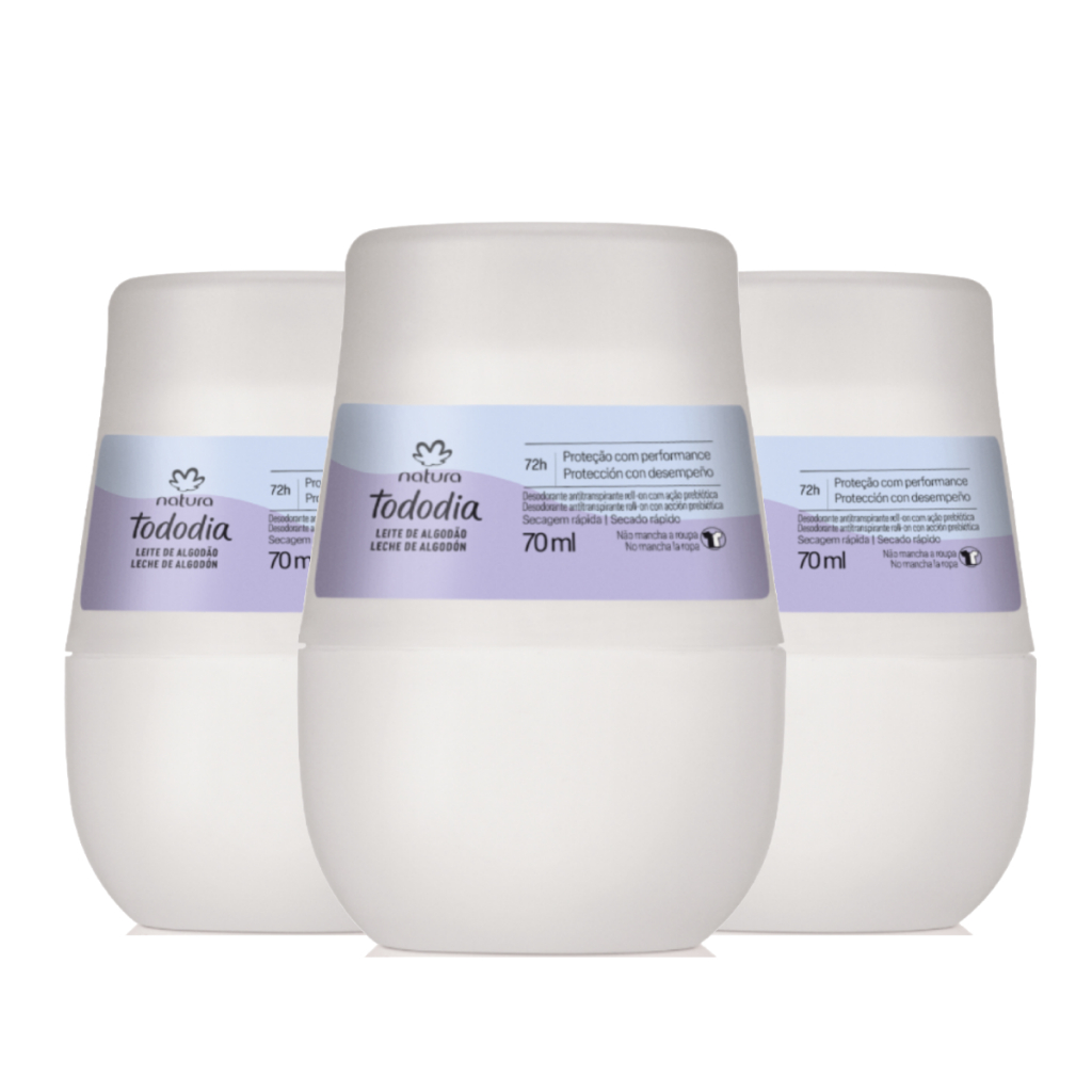Kit com 3 Desodorantes Roll On Antitranspirante Natura Tododia 70ml Algodão Erva Doce e outros